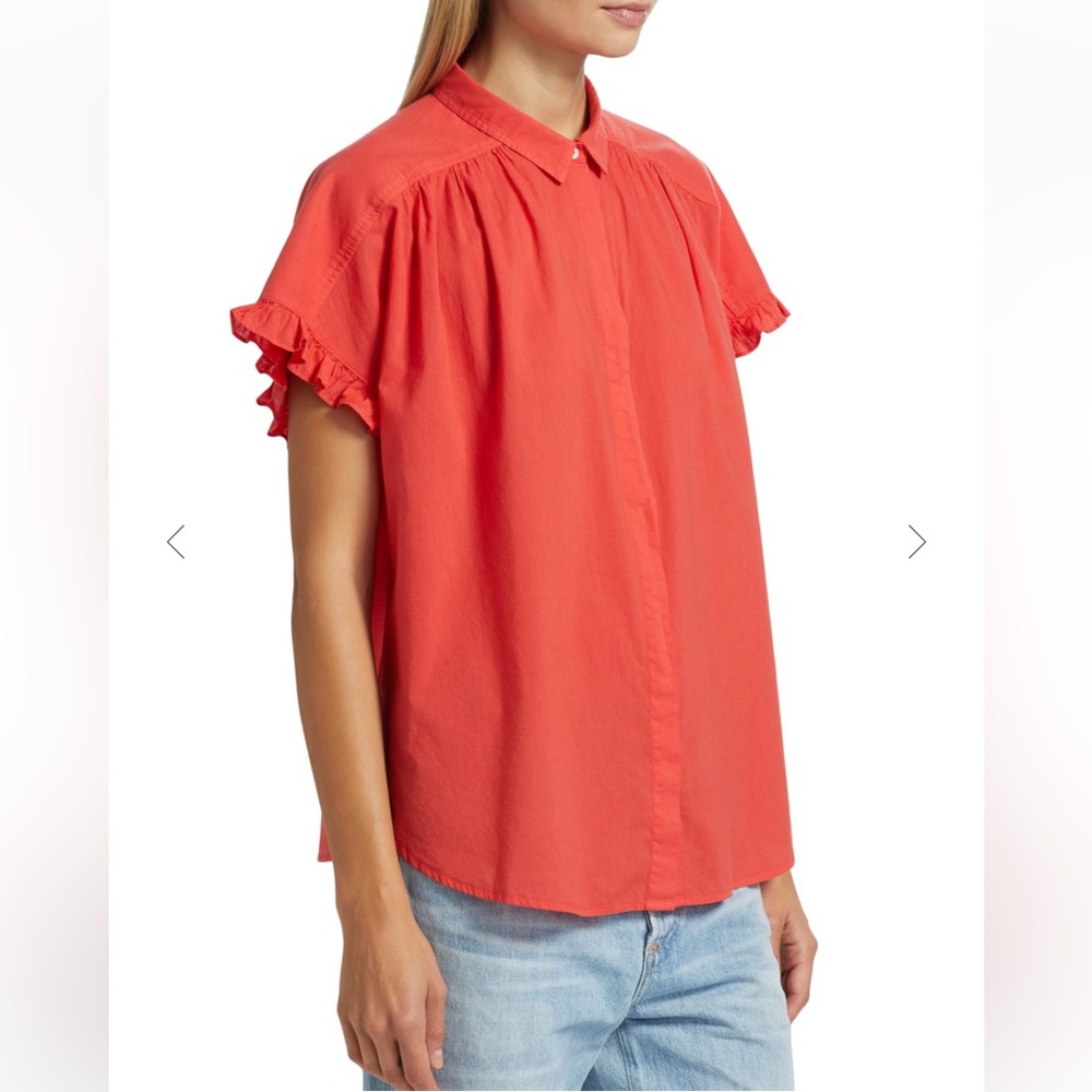 Xirena Noah Gathered Top Blouse 100% Cotton Coral Short Sleeve Popover Boho XS